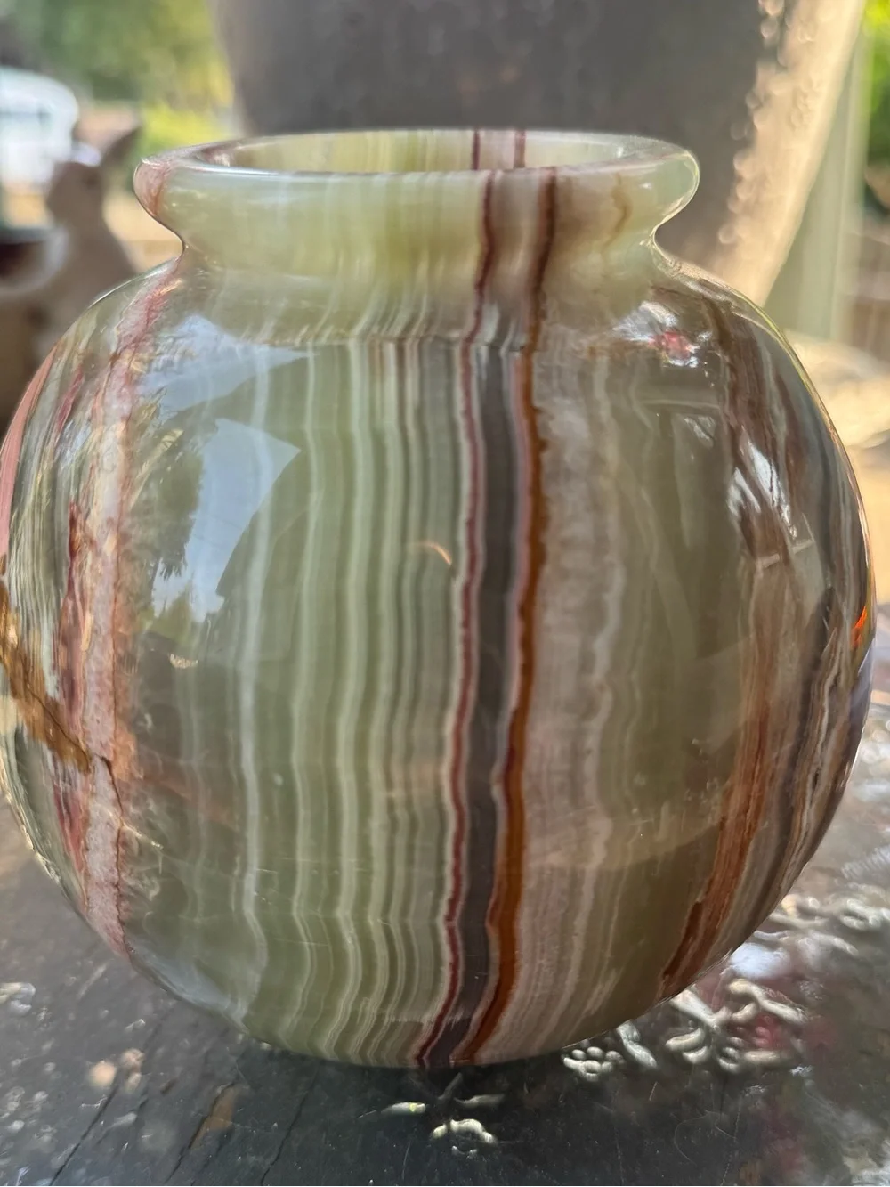 Vintage Polychrome Onyx Stone Vase in Pink, Brown & Green